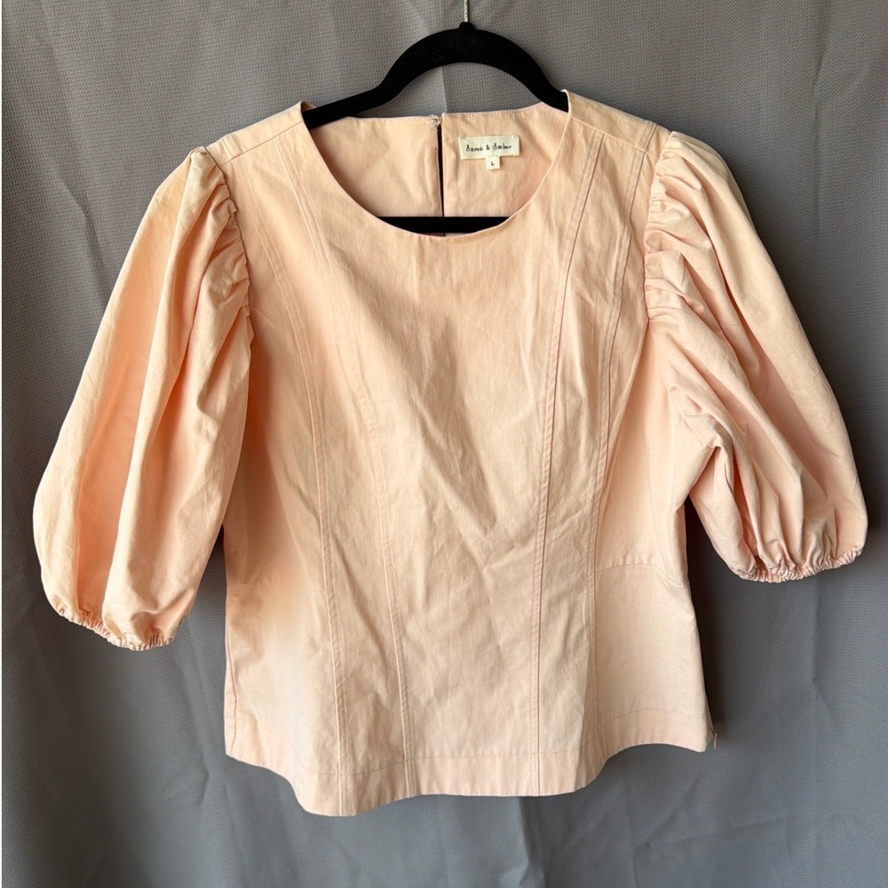 100% Cotton Aaron & Amber Puff Sleeve‎ Blouse Peach Pink Cottagecore Large